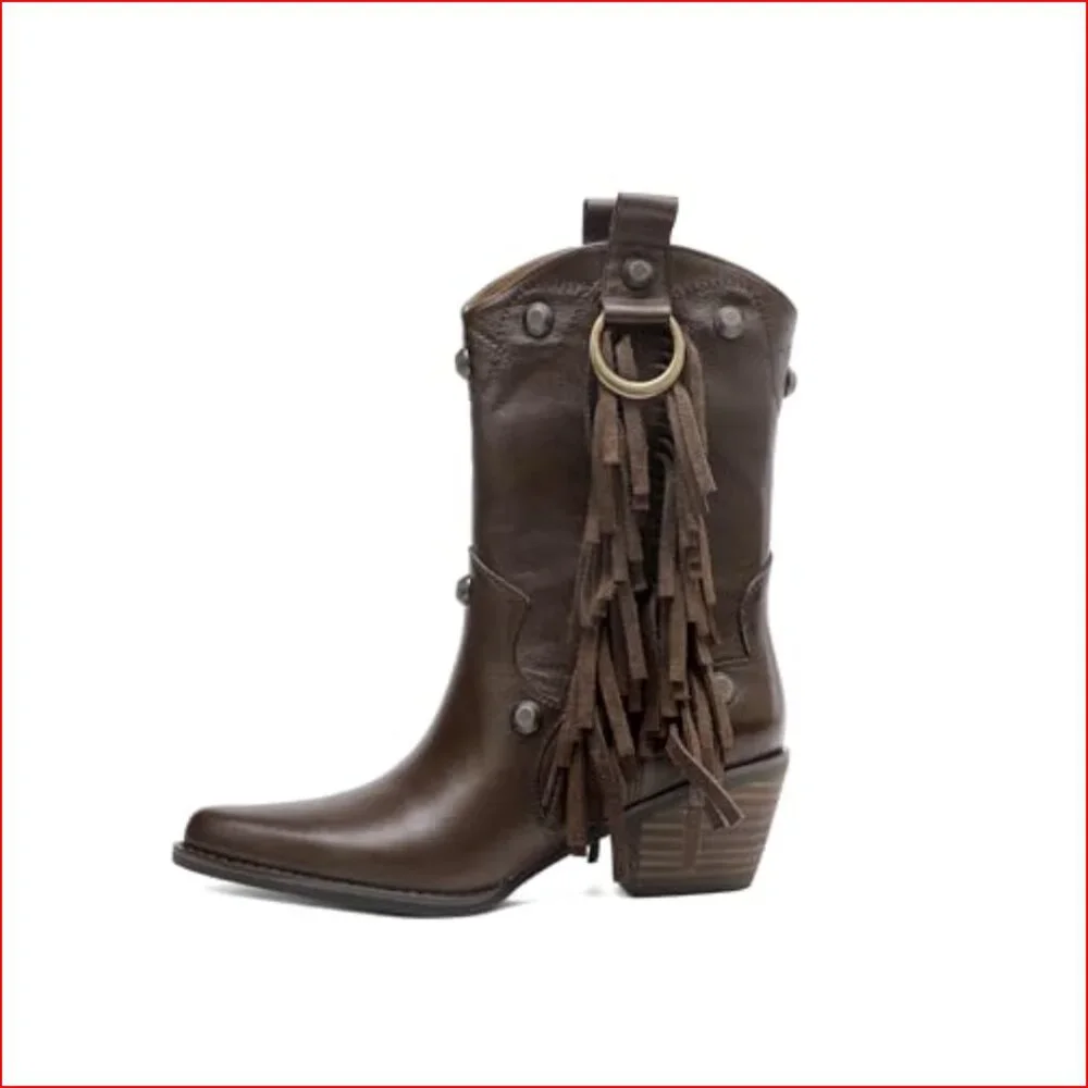 Pointed Toe Ankle Boots With Chunky Heel Slip-On Leather Western Style - Picture 3 of 6